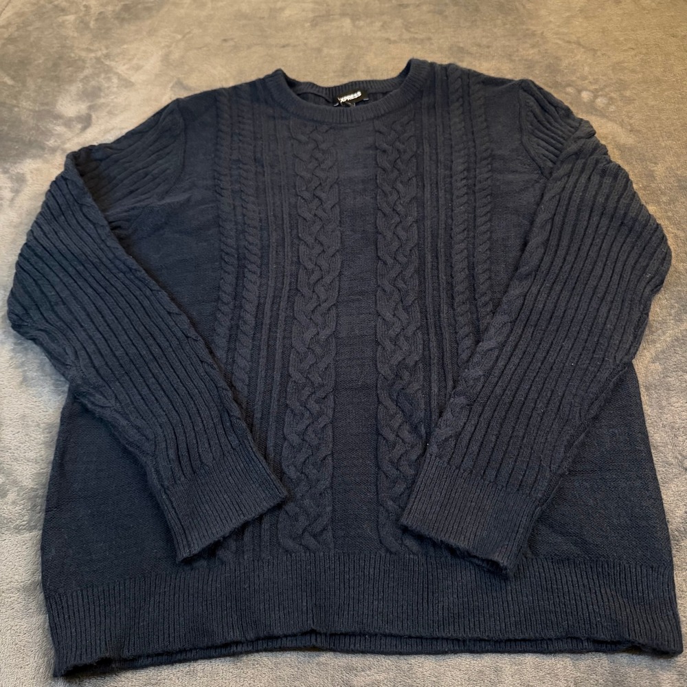 Express Cable Knit‎ Sweater Mens Extra Large Navy Blue Crewneck Cotton Blend